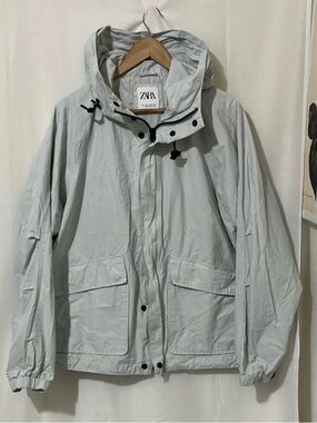 ZARA Light Grey/Blue Hooded Windbreaker Jacket
